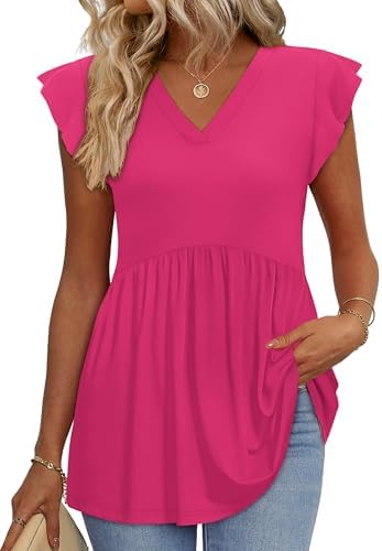 Flirty ruffle sleeves frame a vibrant hot pink babydoll cut that pairs easily with crisp white denim or casual shorts.