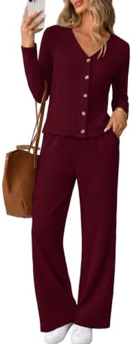 A deep burgundy ribbed knit set pairing a button V-neck cardigan with smooth flare pants for easy, put-together days.