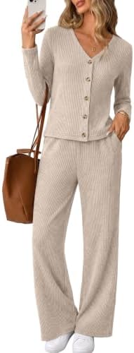 Warm apricot ribbed knit shapes this coordinated duo of a button-front V-neck cardigan and high-waist flare pants.