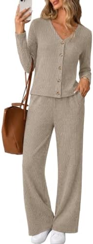 Ribbed stretch knit in rich brown pairs a button-front cardigan top with high-waist flare pants for easy days.