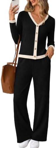 Fine ribbed knit pairs a button V-neck cardigan with high-waist flare pants for easy days and travel.