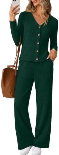 A ribbed knit set in rich green pairs a button-front cardigan top with high-waist flare pants for easy coordinated wear.