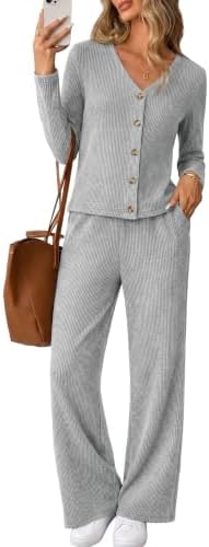 Soft ribbed grey knit shapes this two-piece set featuring a button-down V-neck cardigan and matching high-waist flare pants.
