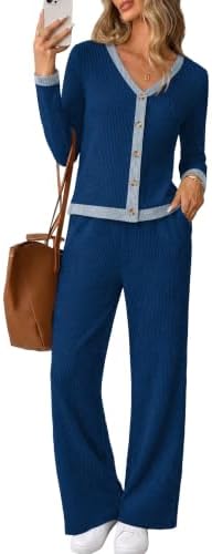 Rich trim blue knit shapes this coordinated cardigan and flare pant duo, cut for cool evenings and easy weekend travel.