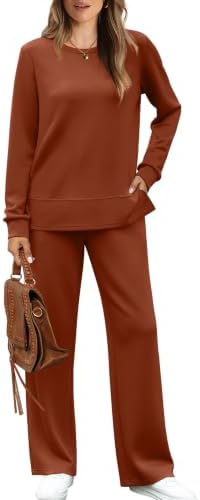 Rich caramel tones give this two-piece set an earthy warmth, pairing a crewneck top with relaxed wide-leg lounge pants.