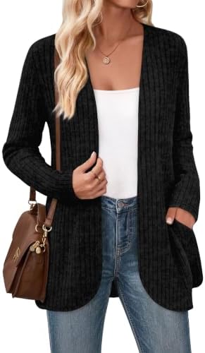 An open front black cardigan cut with long sleeves and two practical side pockets for simple daily layering.