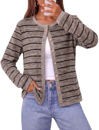 Earthy brown stripes run across this lightweight knit cardigan, framed by solid contrast trim at the neck, cuffs, and hem.