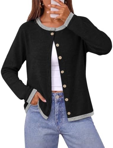 A deep black lightweight knit with contrast trim along the edges gives this button-front cardigan a clean, graphic finish.