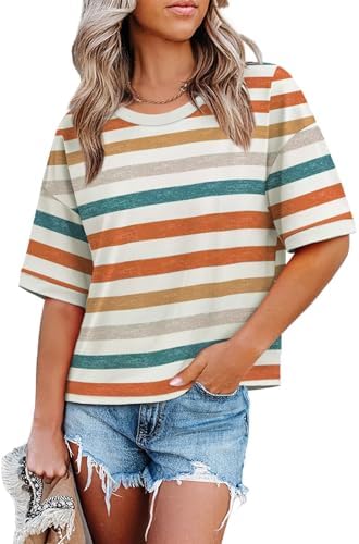 Bold orange stripes and contrast color-block bands give this slouchy half-sleeve tee a fresh, sun-warmed summer look.