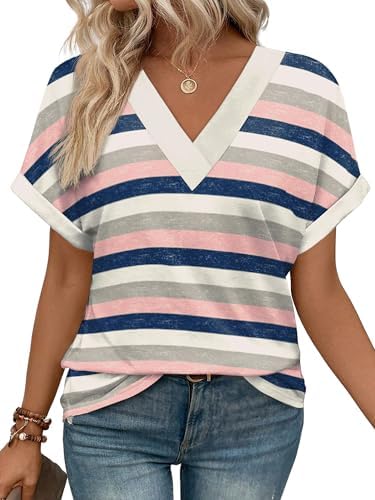 Woven stripes meet a relaxed V-neck cut and cuffed short sleeves in this airy polyester knit top for warm afternoons.
