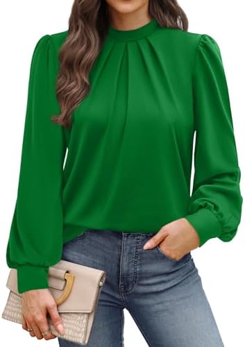 A rich green long sleeve blouse cut with delicate front pleats and a soft mock neck for easy workdays and cool evenings.