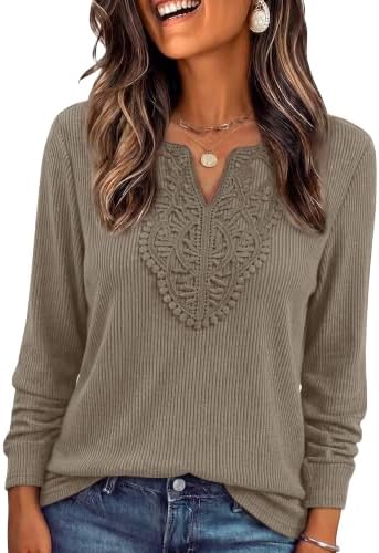 Delicate lace borders the neckline on this warm khaki ribbed long-sleeve top, cut with enough stretch for easy layering.