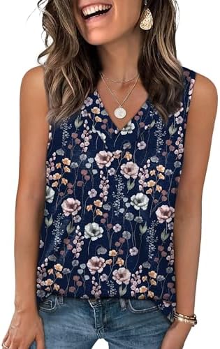 Crisp blue floral print covers this sleeveless summer tank, cut loose with a neat V-neckline for warm afternoons.