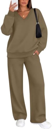 Warm camel khaki fleece knit pairs a slouchy drop-shoulder top with wide-leg pants for easy travel days and relaxed mornings.