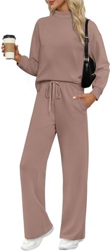 Spun from a soft spacer knit, this pink coffee set pairs a mock neck long sleeve top with roomy wide leg pants.