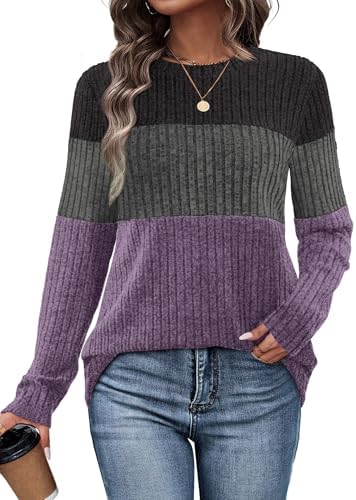 Color blocked panels across the chest and sleeves give this grey purple pullover a clean, modern feel for cool desk days.