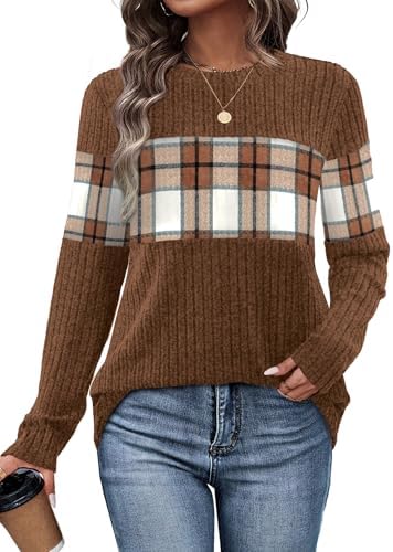 Plaid panels across the chest and sleeves give this lightweight brown pullover an easy patterned touch for cooler weather.