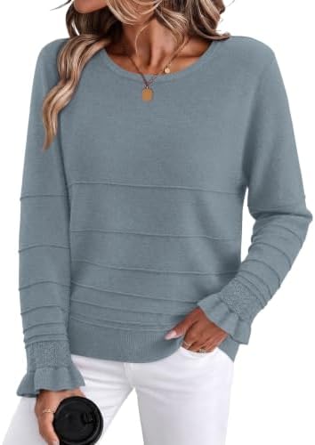 Textured horizontal ribbing meets flared ruffle cuffs on this light blue knit, cut easy for breezy summer nights and crisp fall days.
