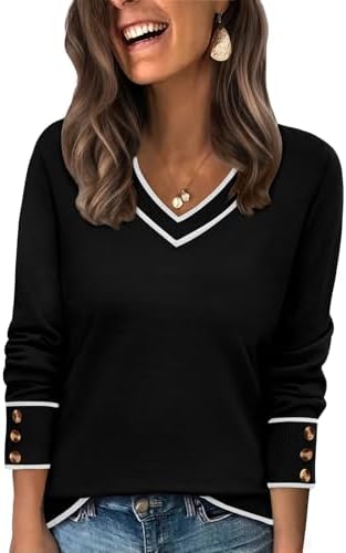 Ribbed black color blocking and a wide V-neck give this soft long sleeve pullover clean contrast for cool days.