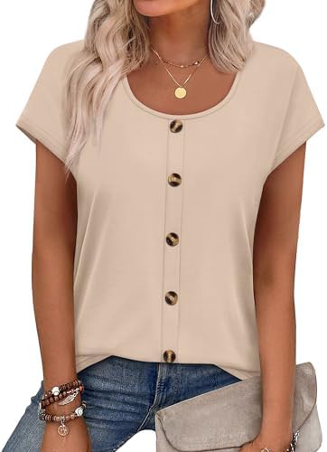 A soft neutral khaki tee detailed with sewn decorative buttons and gentle cap sleeves for an easy dressy finish.