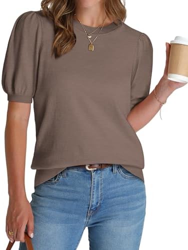 A lightweight fine-gauge knit in rich coffee brown with gathered puff shoulders and a neat ribbed hem.