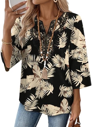 A soft black tunic patterned with beige leaves, detailed with a front lace insert and easy three-quarter sleeves.