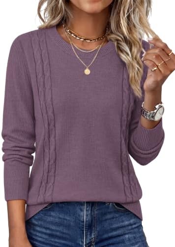A muted grey purple knit pullover cut with a crewneck and fine ribbing for easy layering on cool evenings.