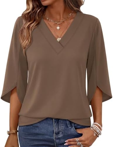 Split sleeves and a deep chocolate brown tone give this lightweight V-neck blouse an easy, polished feel for weekday mornings.