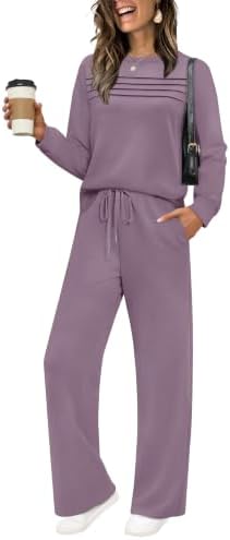 Pleated front details pair with relaxed wide leg pants in this soft purple lounge set built for travel days.