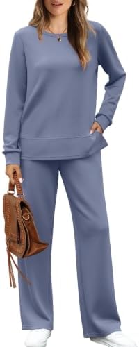 A cool blue two-piece lounge set with a split-hem crewneck top and wide-leg drawstring pants with deep pockets.