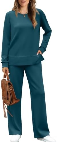 A deep teal knit pairs a relaxed crewneck top with drapey wide leg pants for easy travel days and cool evening lounging.