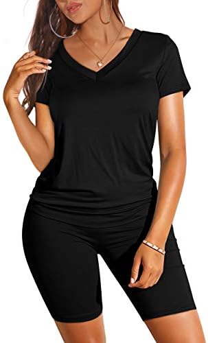 A clean V-neck tee pairs with fitted high-waist biker shorts in our soft, breathable stretch knit for easy summer routines.