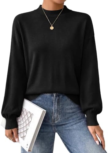A solid black knit pullover framed by subtle puff sleeves and a neat mock neckline for cool weekdays.