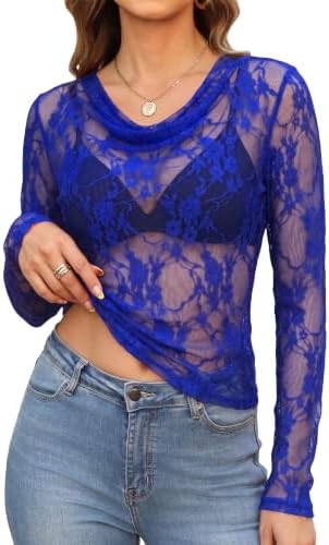 A softly draped cowl neck meets delicate sheer stretch lace in a vivid royal blue top designed for evening layering.
