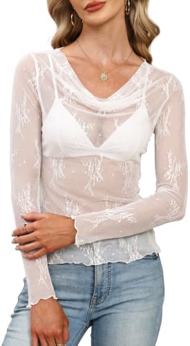 Fine white mesh fabric and a soft cowl neck make this long sleeve top a luminous layering piece for evenings out.