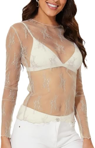 Delicate floral embroidery covers this sheer apricot mesh top, finished with stretchy long sleeves and an easy neck opening.