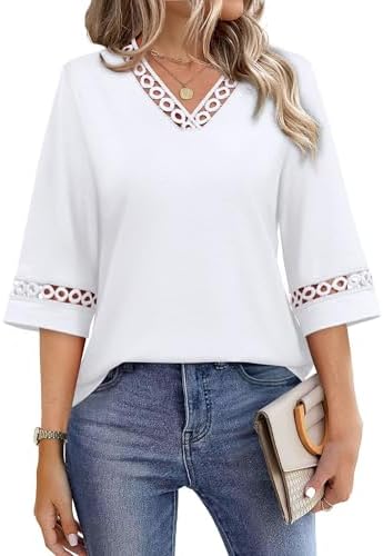 Lace along the V-neck and flared cuffs gives this crisp white tunic a light, breezy look for sunny afternoons.