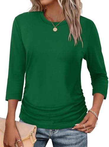Side shirring gives this fresh green three-quarter sleeve top gentle texture that pairs cleanly with light wash denim or white linen.