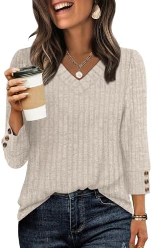 Soft khaki knit with three-quarter sleeves and a clean V-neck, tailored in a relaxed tunic cut for breezy days.