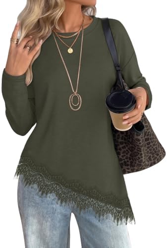 Cut in a rich green knit, this long sleeve top finishes with an asymmetrical hem edged in delicate lace.