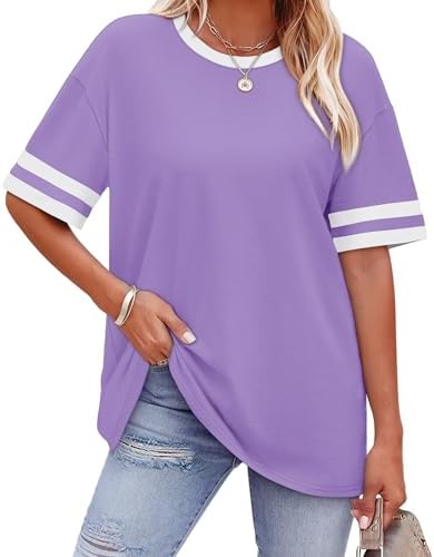 A vivid purple knit tee cut with extra room through the torso and finished with striped cuff accents.