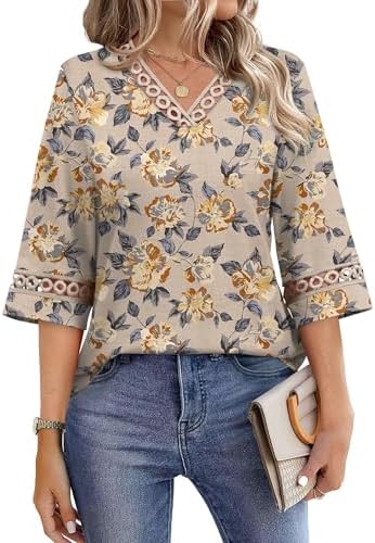 Caramel blossom print meets airy three-quarter bell sleeves and delicate eyelet trim on this breezy summer tunic top.