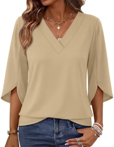 Split three-quarter sleeves and a clean V-neck give this warm beige top an easy drape for warm afternoons.