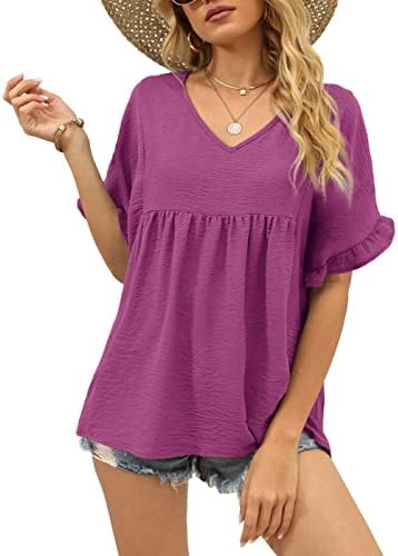 Flutter sleeves meet a rich purple hue in this breezy babydoll top, cut loose through the waist for hot summer afternoons.