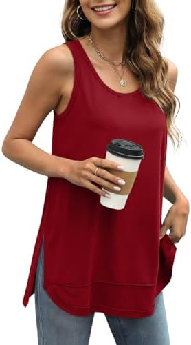 A deep wine scoop neck tank cut loose through the hips with raw edges, a curved front hem, and side slits.