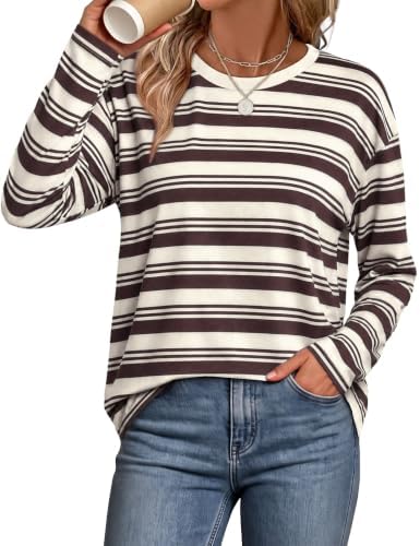 Warm bands of coffee, white, and apricot run across this relaxed long-sleeve knit, cut with drop shoulders for easy layering.