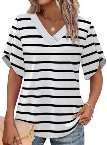 Split petal sleeves and clean horizontal lines give this Striped 03 summer blouse an easy, polished look for warm days.