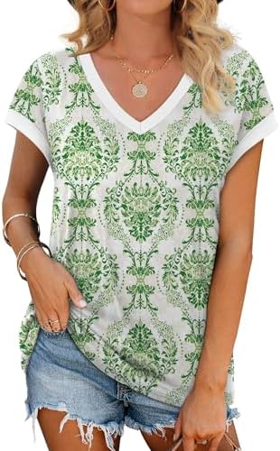 A relaxed V-neck tee with airy cap sleeves, finished in a fresh green print that pairs naturally with denim or shorts.