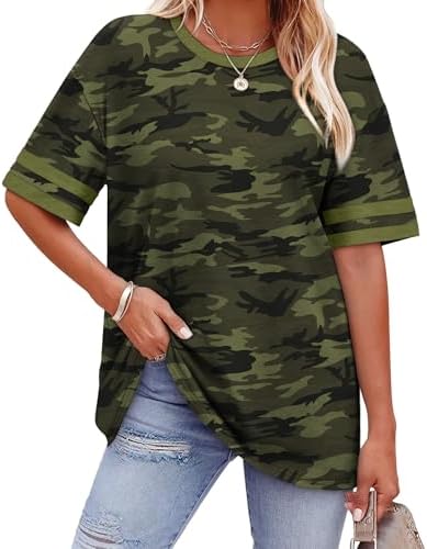 A muted army green camo print meets striped sleeve bands on this roomy, lightweight summer knit tee.
