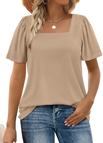 A square neckline and subtle puff sleeves give this khaki knit top a clean, structured look for warm weekdays.